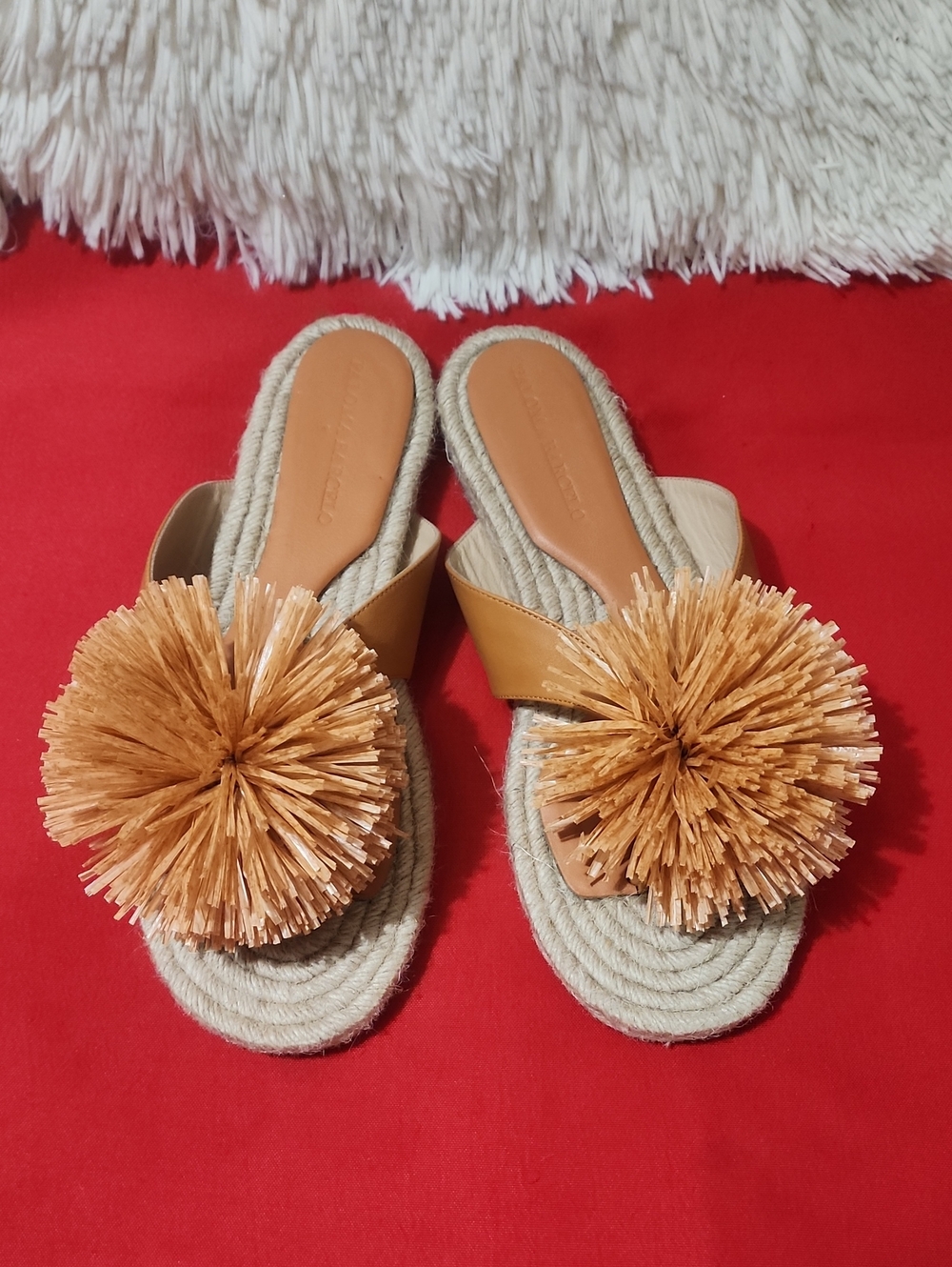 Paloma Barcelo Druma Orange  Pom-Pom Woven Slide Thong Sandals